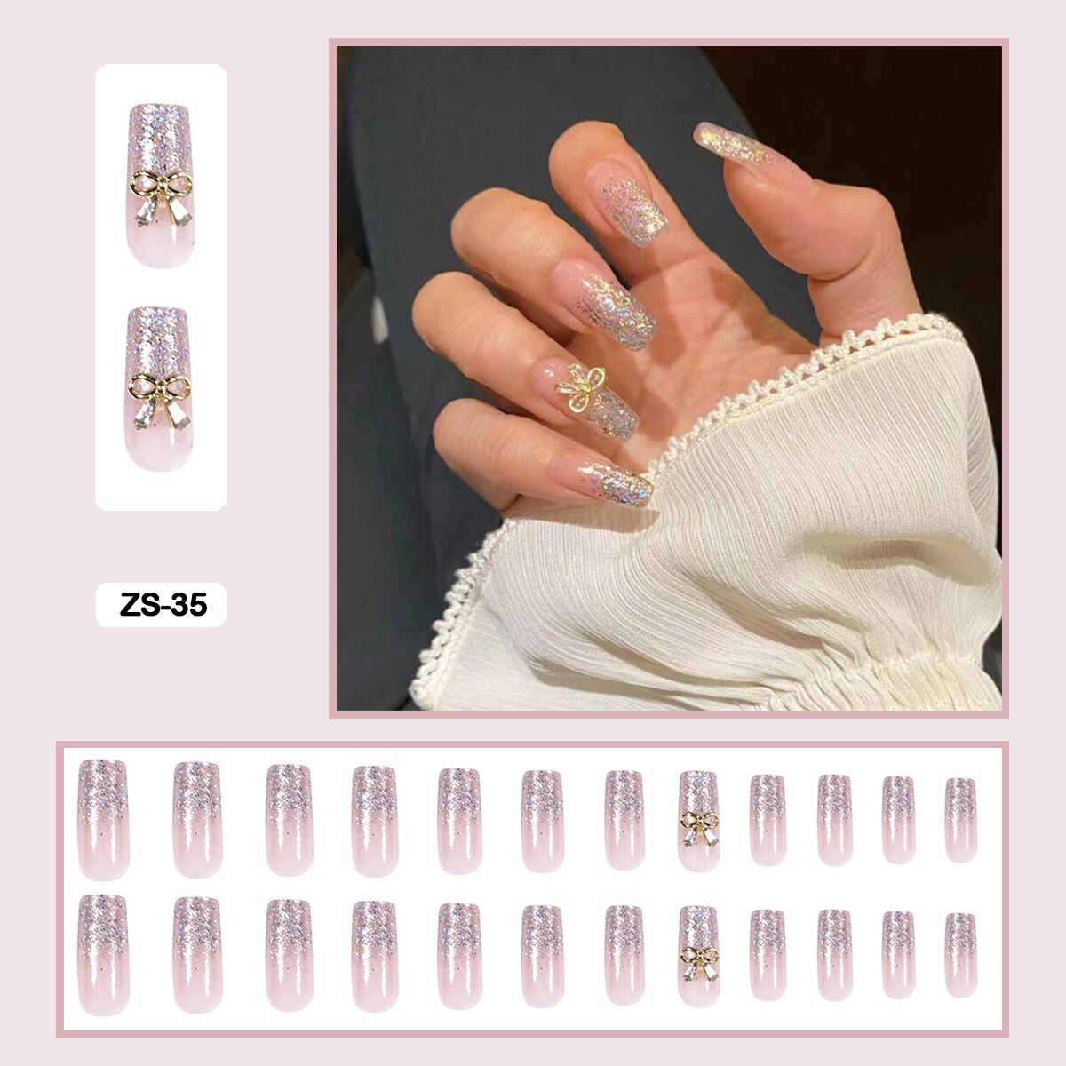 24pcs Artificial Diamond Elegant Flesh-colored Nail Art With Bowknot Fake Nails Long False Nails With Glue With Wearing Tools