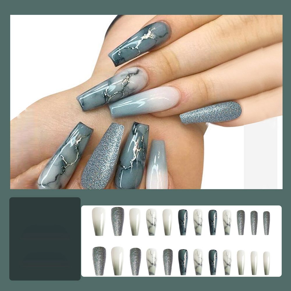 24pcs Long Ballet False Nail Full Cover Fake Nail Grey White Marble Design Nails Tip French Coffin Nails Press On Nails