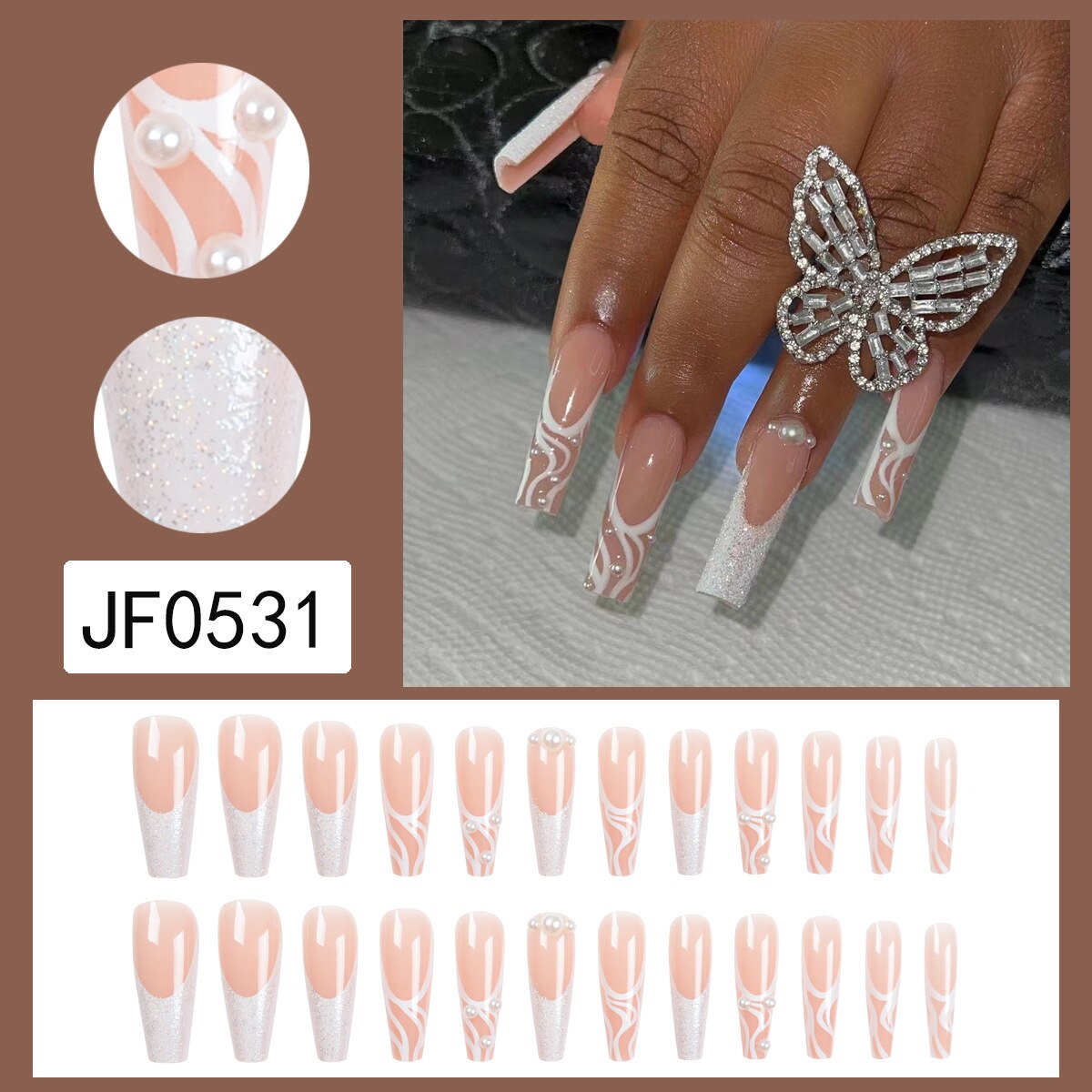 24pcs Long Ballet False Nail Full Cover Fake Nail Grey White Marble Design Nails Tip French Coffin Nails Press On Nails