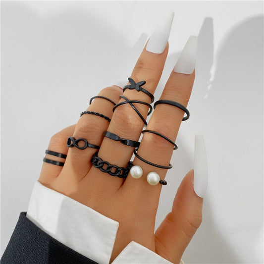 12Pc/Set Punk Black Finger Rings Set Butterfly Snake Pearl Ring For Women Gothic Geometric Ring Jewelry Gift