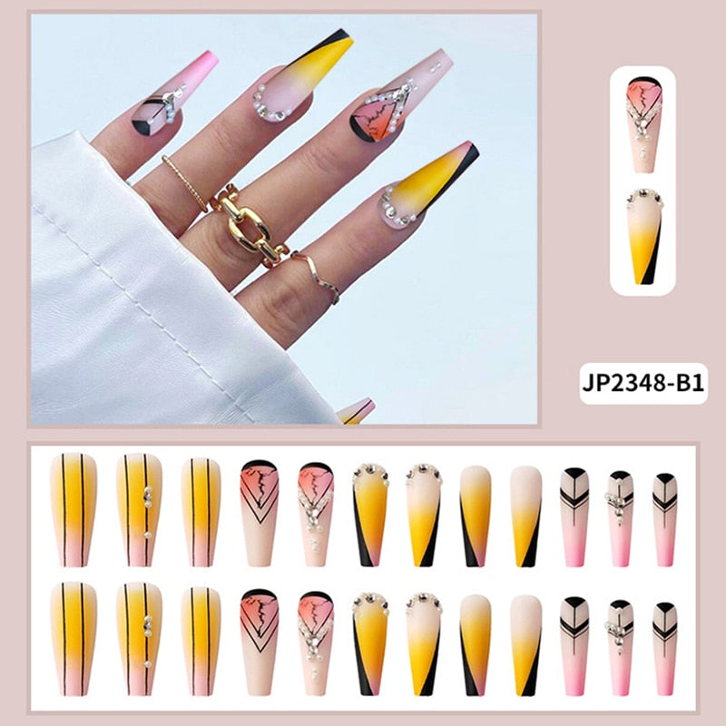 24pcs False Nails Nude Gradient Nail Patch Rhinestone Inlaid Press On Nails Removable Long Manicure nail tips