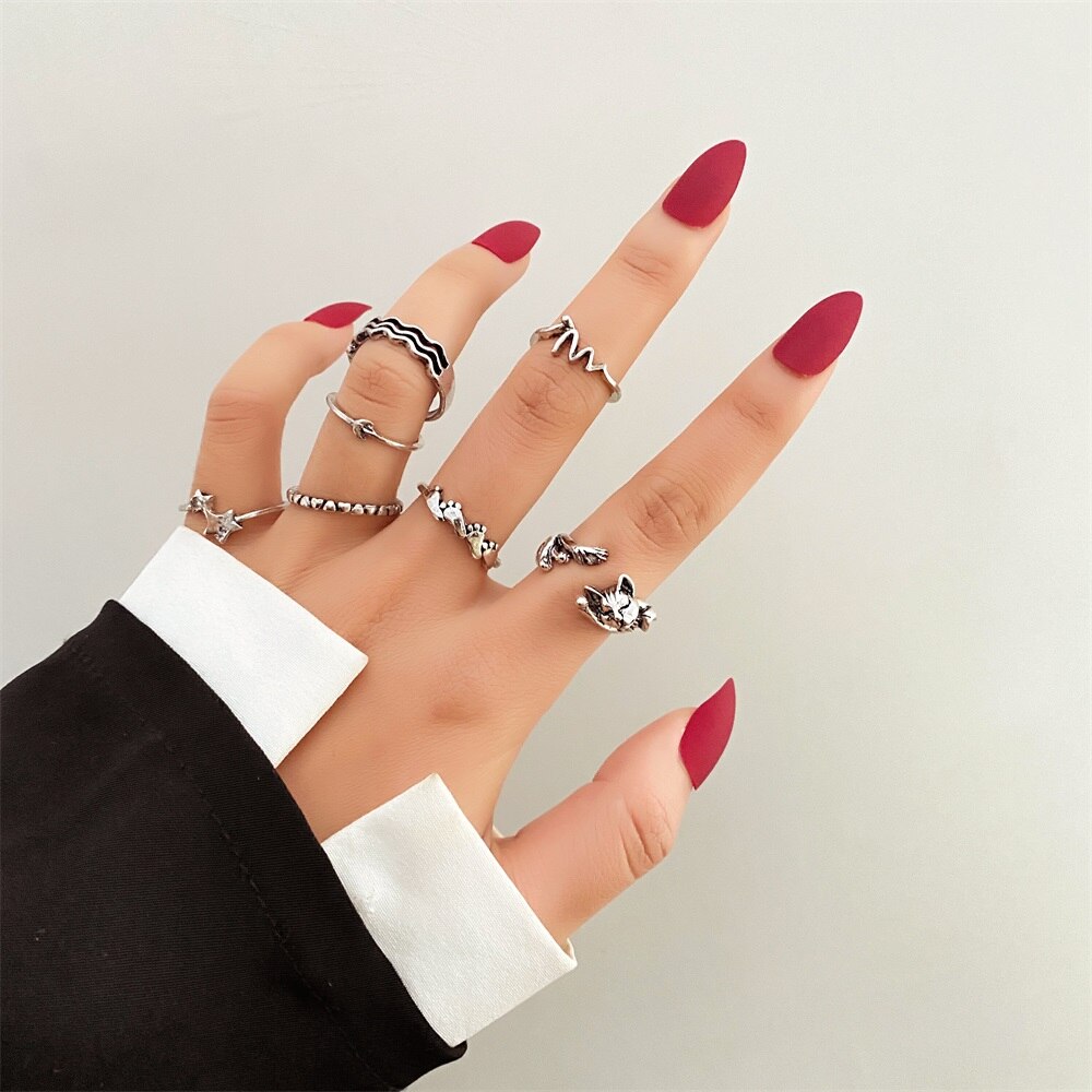 Punk Gothic Butterfly Snake Chain Ring Set for Women Black Dice Vintage Silver Plated Retro Rhinestone