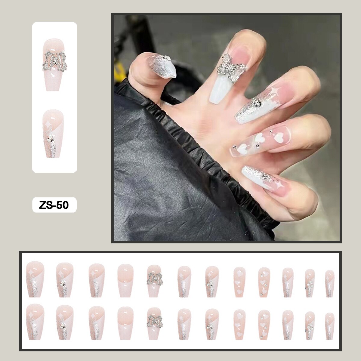 24pcs Artificial Diamond Elegant Flesh-colored Nail Art With Bowknot Fake Nails Long False Nails With Glue With Wearing Tools