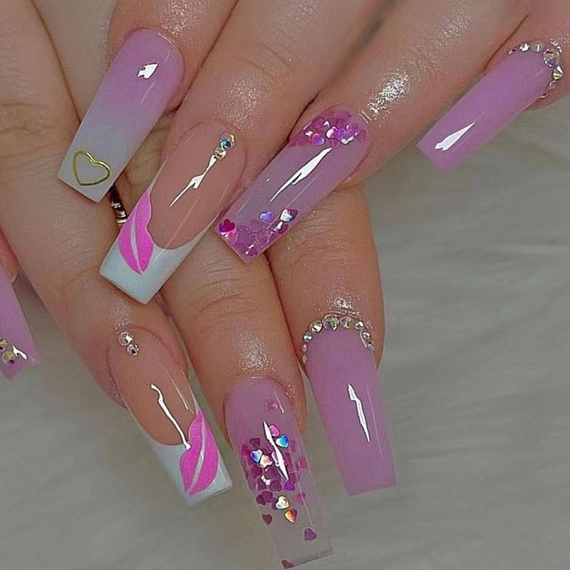 24Pcs Artificial Finished False Nails with Diamond Long Ballet French Fake Nails with Sequin Design Full Cover Press on Nail Tip