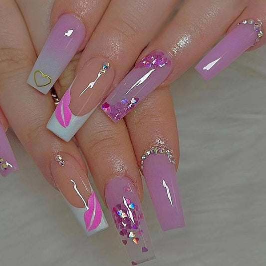 24Pcs Artificial Finished False Nails with Diamond Long Ballet French Fake Nails with Sequin Design Full Cover Press on Nail Tip