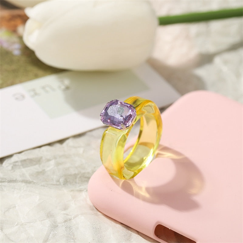 Colorful Transparent Resin Acrylic Crystal Rhinestone Simple Geometric Square Round Rings Set Jewelry