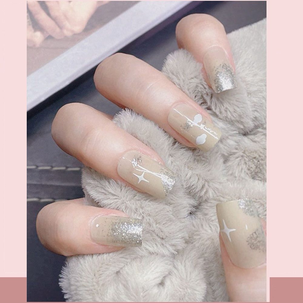 24pcs False Nail Full Cover Fake Nail Elegant Pink Gradient Glitter French Short Nails Coffin Short False Nail Press On Nails