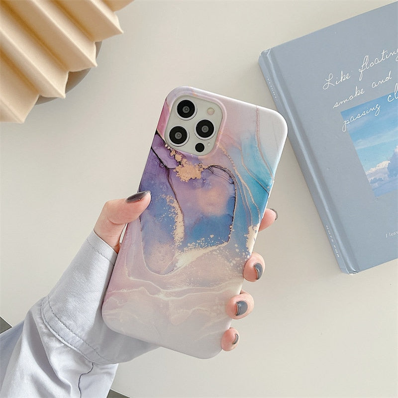 Artistic agate marble gold bar Phone Case For iphone XS XR XS Max 11 7 8 Plus Glossy soft silicon case Back cover