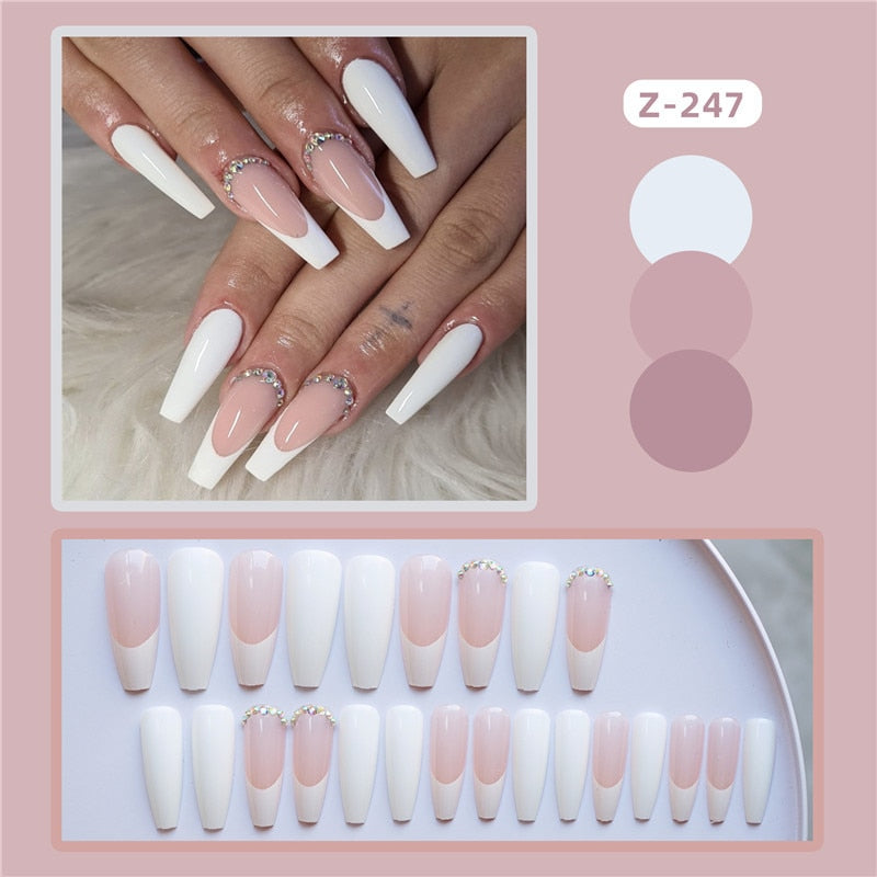 24pcs False Nails Nude Gradient Nail Patch Rhinestone Inlaid Press On Nails Removable Long Manicure nail tips