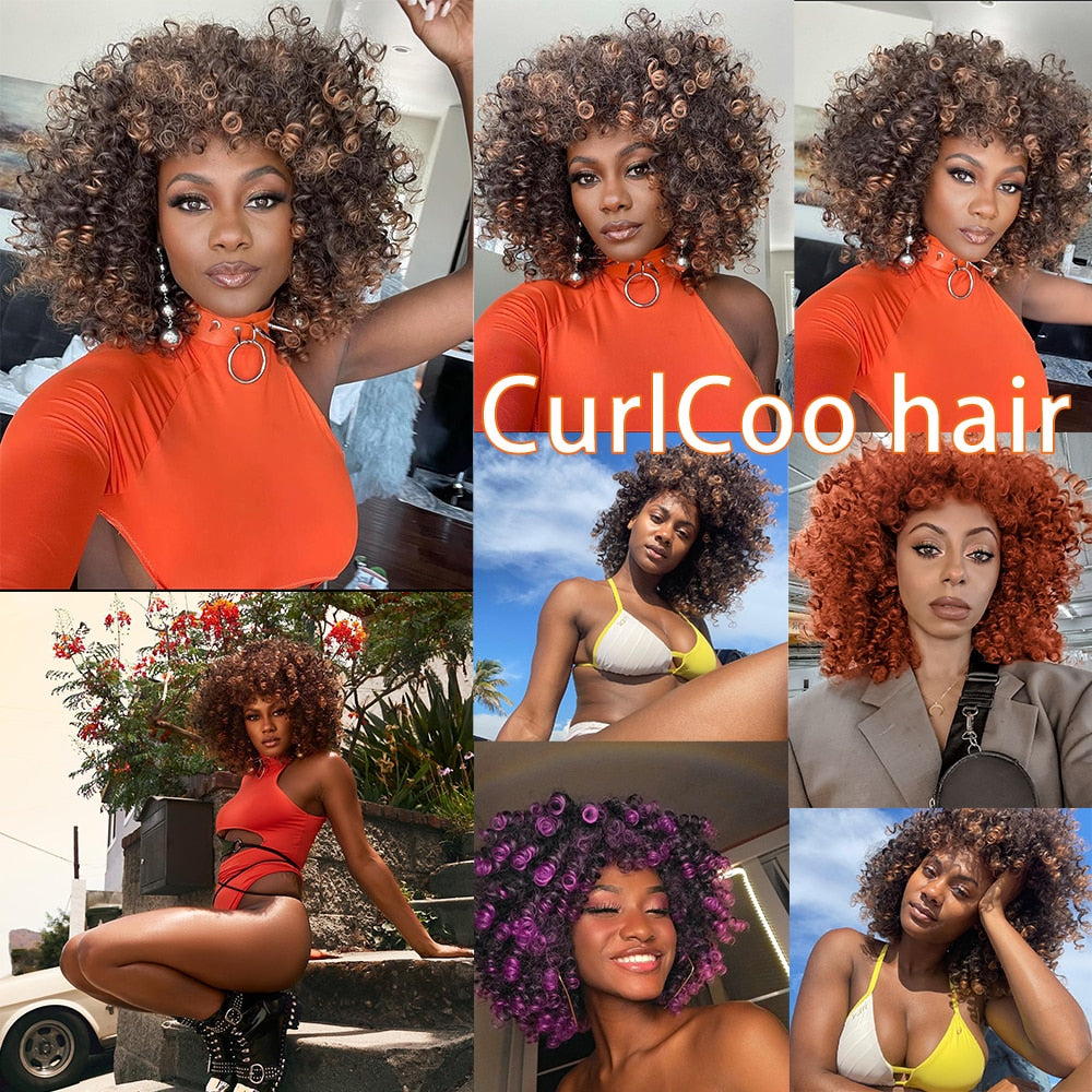 Short Afro Kinky Curly Wigs With Bangs For Women Synthetic Ombre Natural Heat Resistant Hair Brown Cosplay Highlight Wigs