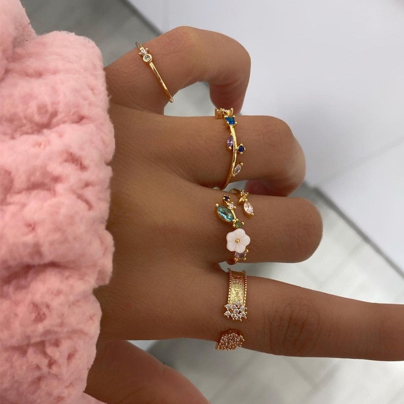 Bohemian Geometric Rings Sets Crystal Star Moon Flower Butterfly Constellation Knuckle Finger Ring Set For Women Jewelry