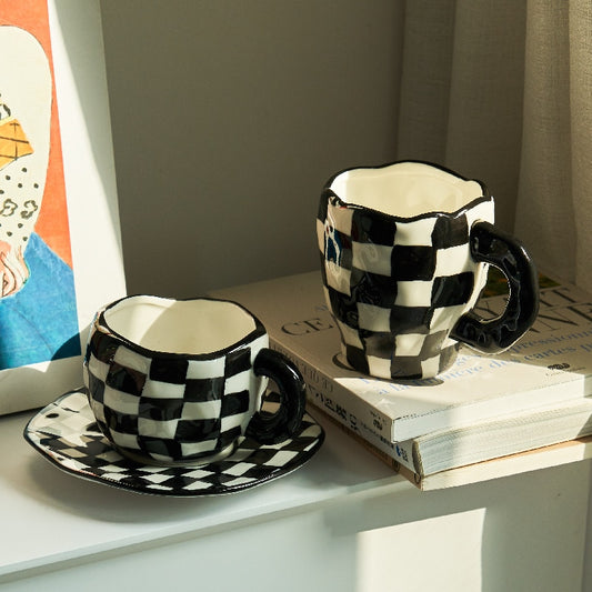 Chessboard Cup Irregular Handmade Ceramic Mug Coffee Tea Milk Water Cup Pink Girl Cup with Tray Cute Cup