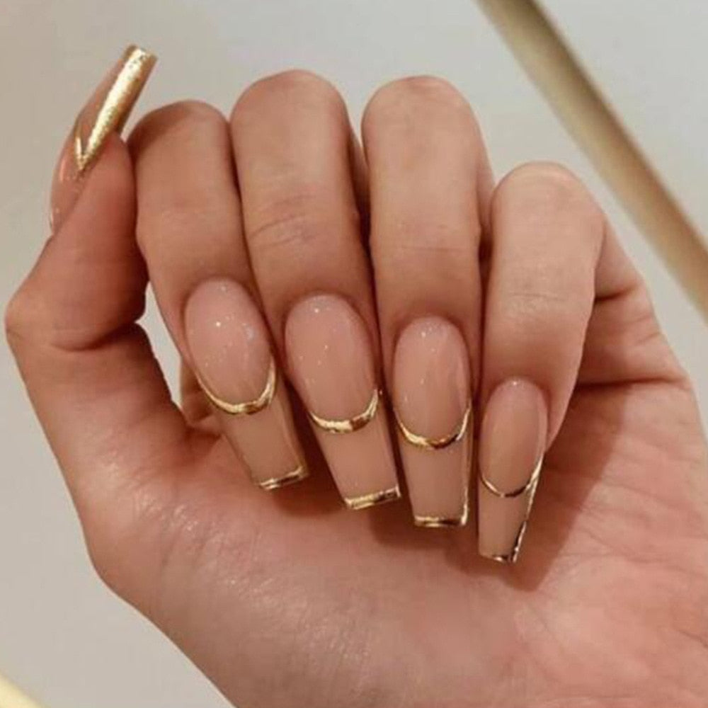 24pcs False Nails with glue flower design Long Coffin French Ballerina Fake Nails Full Cover acrylic Nail Tips Press On Nails