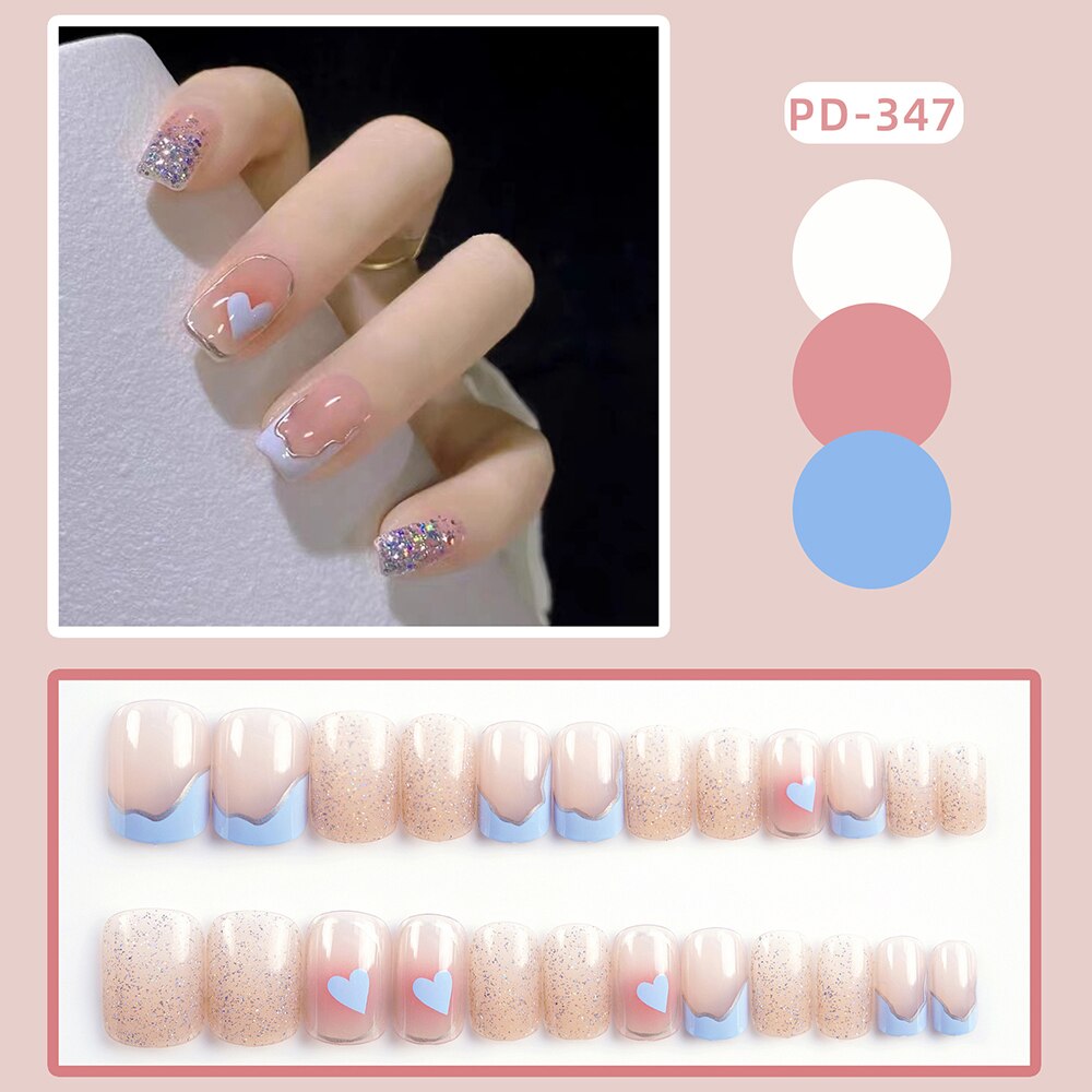 Short Fake Nails With Glitter Aurora Crystal Designs Pink Artificial Nails Wearable Full Cover Press on Nails 24pcs