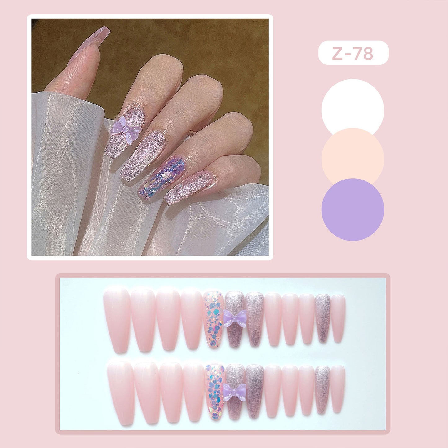 Super Shiny Sequins Fake Nails 24pcs Purple Glitter Coffin Artificial Nails Fashion Fairy Butterfly Full Cover False Nail Tips