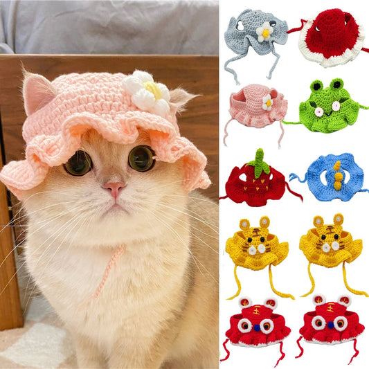 Cute Cat Hat Funny Pets Party Cosplay Headwear Hand-made Knitting Puppy Caps Elastic Dog Kitten Hat Decoration