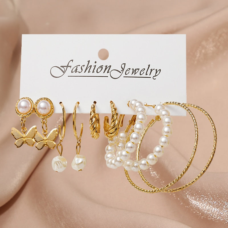 17KM Pearl Twist Hoop Earrings Set Butterfly Acrylic Dangle Earrings for Women Metal Hollow Gold Plated Earring