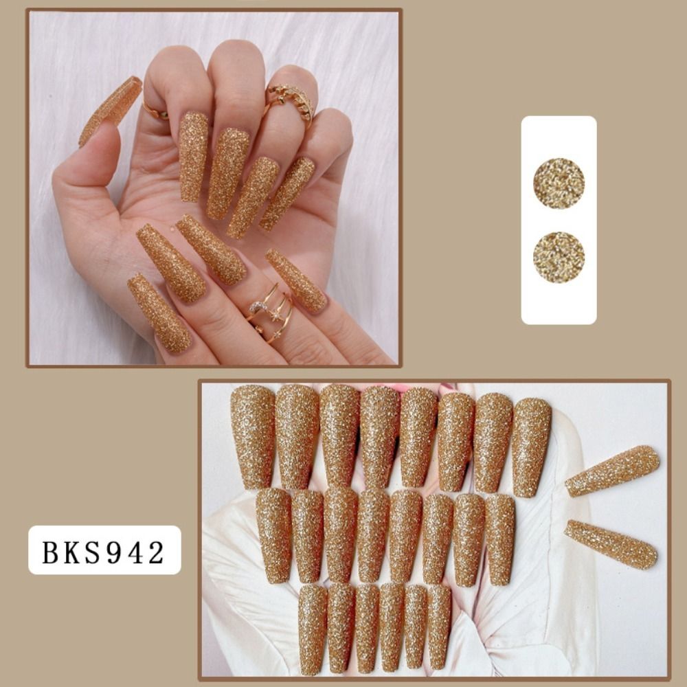 24pcs Long Ballet False Nail Full Cover Fake Nail Grey White Marble Design Nails Tip French Coffin Nails Press On Nails