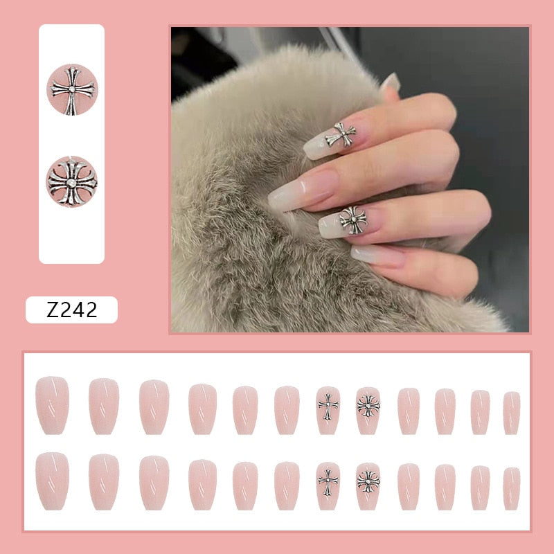 24Pcs Punk Babes Fake Nails With Glue Vintage Rhinestones Cross Design Long Ballet Coffin Press On Nails Detachable Manicure Tip