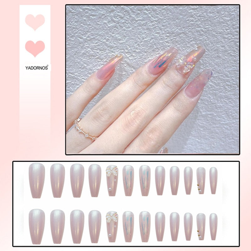 24pcs Butterfly decorated false nails Removable Long Manicure press on nail tips full cover acrylic