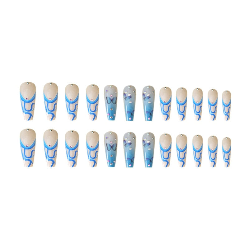 24Pcs Gradient Blue French Long Ballet False Nails With Rhinestones Butterfly Designs Wearable Press On Nails Acrylic Fake Nail