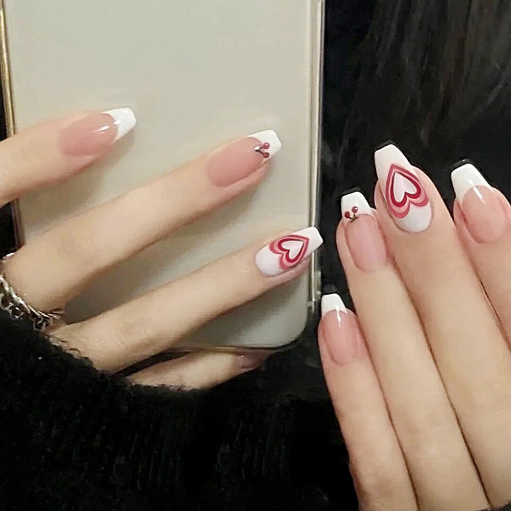 24pcs False press-on nails with a pattern Peach heart wear finished tablet nail art removable Manicure false nails