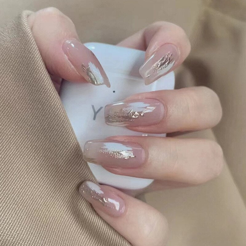 24pcs Long gradient nude false nail with glue simple artifical press on nails acrylic nails natural stick on nails set