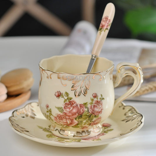 Creative Ceramic Coffee Cup and Saucer Hand Painted Rose Porcelain Tea Cup and Spoon Classic Drink Gift