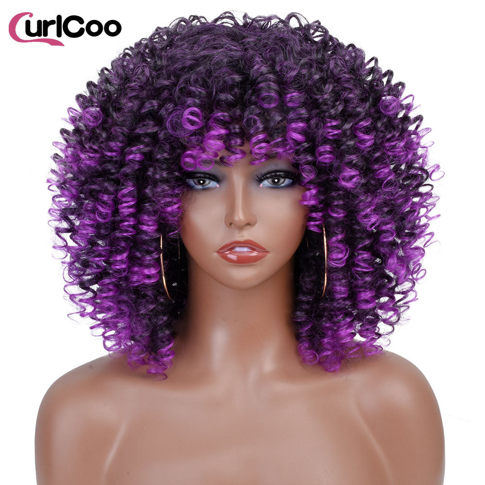 Short Afro Kinky Curly Wigs With Bangs For Women Synthetic Ombre Natural Heat Resistant Hair Brown Cosplay Highlight Wigs