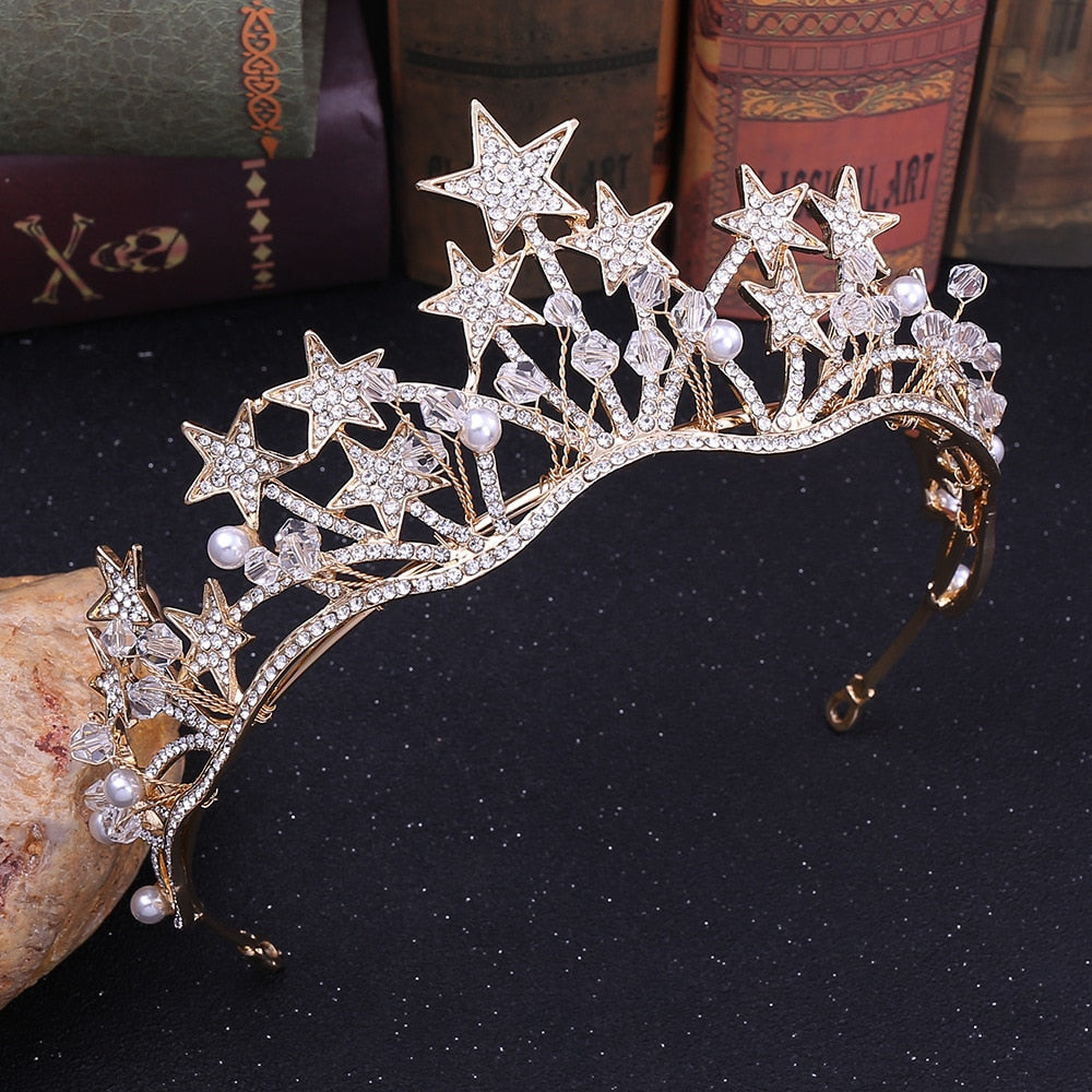 Baroque Gold Color Star Crystal Pearl Wedding Tiaras Bridal Crown for Bride Rhinestone Crowns Headband Jewelry Hair Accessories