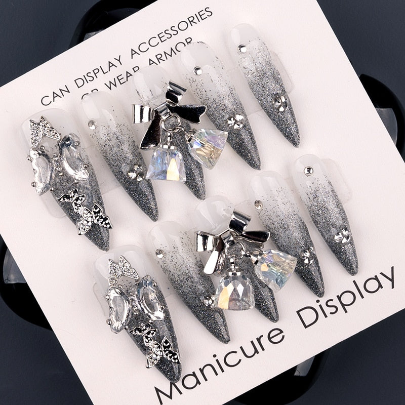 Gradient Gray Handmade False Press on Nails Amber Butterfly Diamond Advanced Manicure Artificial False Long Length Nails Tips