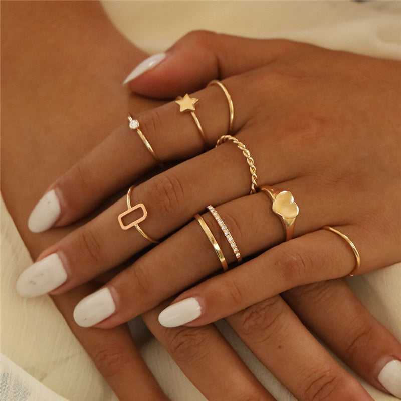 Geometric Knuckle Rings set For Women Crystal Gold color Finger Ring Boho Ladies wedding Jewelry Gift