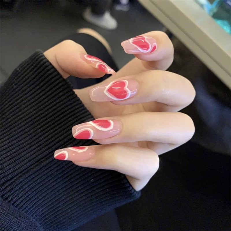 24Pcs Pink Star Heart Coffin Ballet False Nails With Manicure Glitter Design Detachable Gradient Wearing Press On Nails