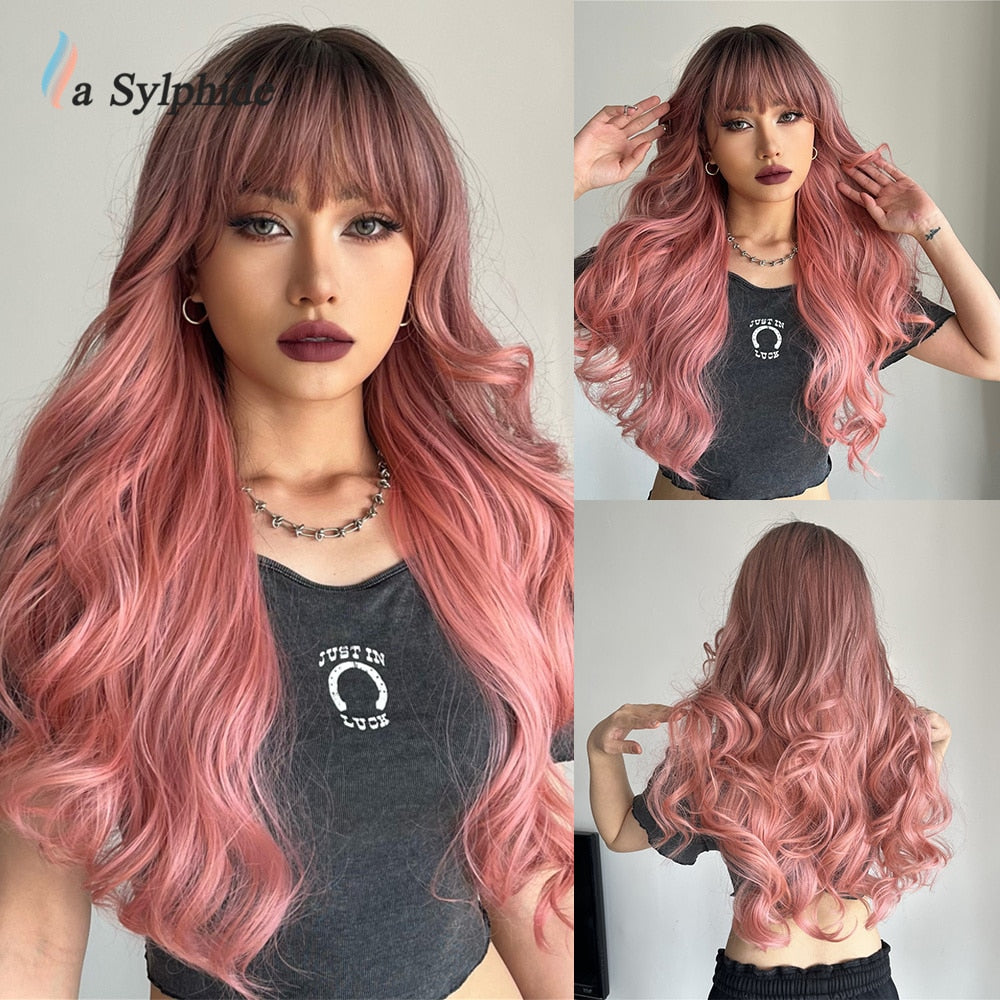 Synthetic Hair Wigs Cosplay Wig Long Wave Root Black Ombre Pink for Woman Heat Resistant Fiber Daily Party Wig