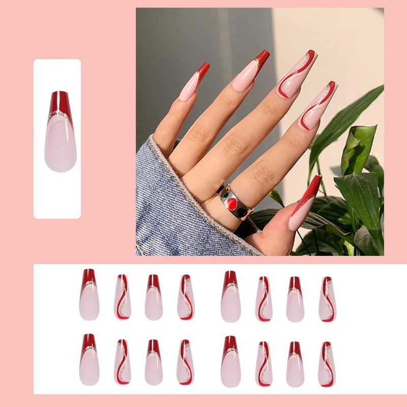 24pcs False Nails Nude Gradient Nail Patch Rhinestone Inlaid Press On Nails Removable Long Manicure nail tips