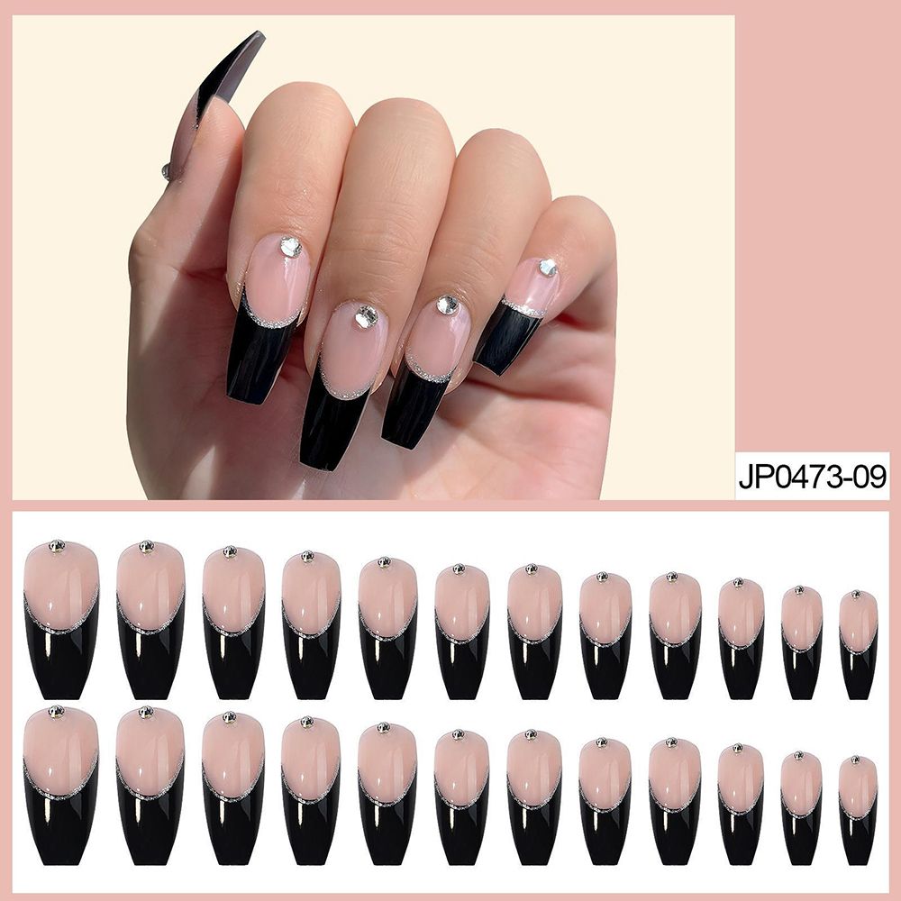 24pcs Long Ballet False Nail Full Cover Fake Nail Grey White Marble Design Nails Tip French Coffin Nails Press On Nails