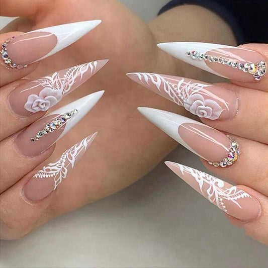 Long Almond Ballet False Nail White Flower Pattern Nail Art Decoration Rhinestone Shiny Accessories Wearable Press On Fake Nail