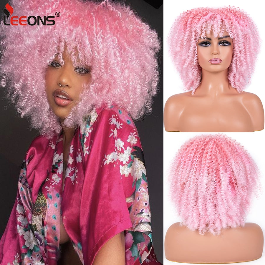 Short Kinky Curly Wigs Pink Blonde Color Curly Afro Wig Short 14 Inch Curly Bob Wig Synthetic Heat Resistant Wigs With Bangs