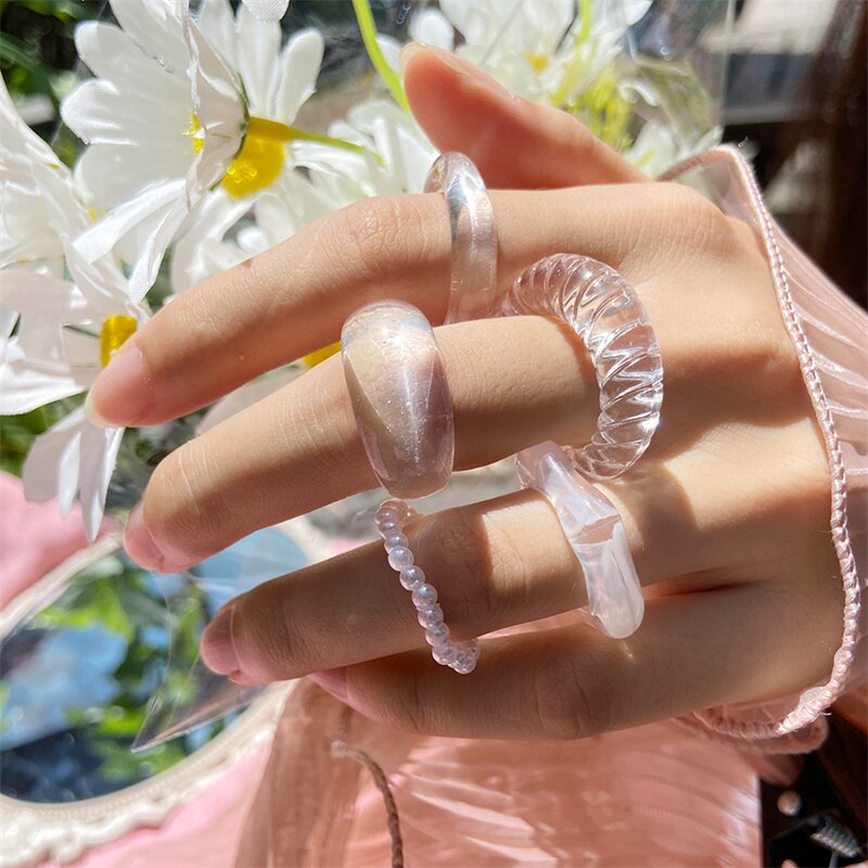 Colorful Transparent Resin Acrylic Crystal Rhinestone Simple Geometric Square Round Rings Set Jewelry