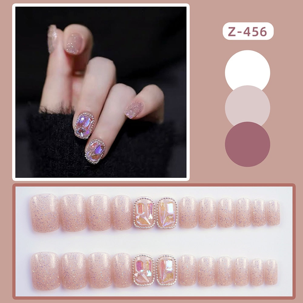 Short Fake Nails With Glitter Aurora Crystal Designs Pink Artificial Nails Wearable Full Cover Press on Nails 24pcs