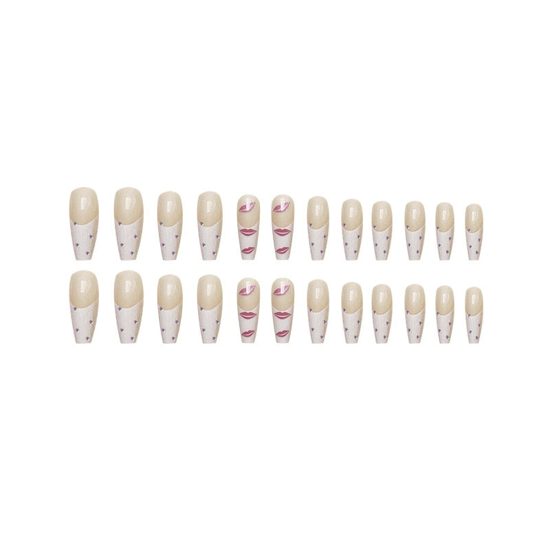 24Pcs Long Ballet French False Nails With Glue Pink Lips Rhinestones Design Press On Full Cover Detachable Acrylic Manicure Tips