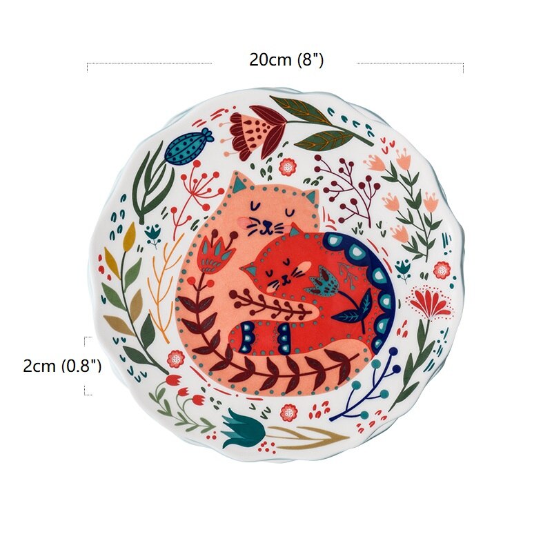 8 Inches Ceramic Dinner Plates Japanese Hand-painted Cartoon Cat Plate Creative Colorful Household Dishes Dinnerware Tableware