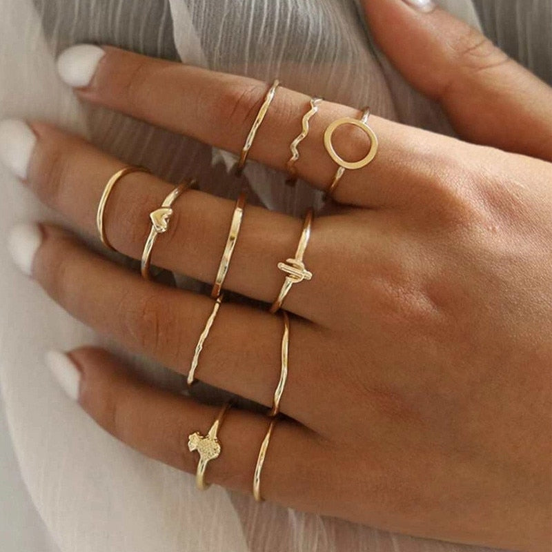 Geometric Knuckle Rings set For Women Crystal Gold color Finger Ring Boho Ladies wedding Jewelry Gift