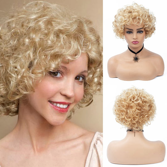 Short Curly Synthetic Wigs Golden Party Hair for White Women Blonde Mixed Colors High Temperature Fiber