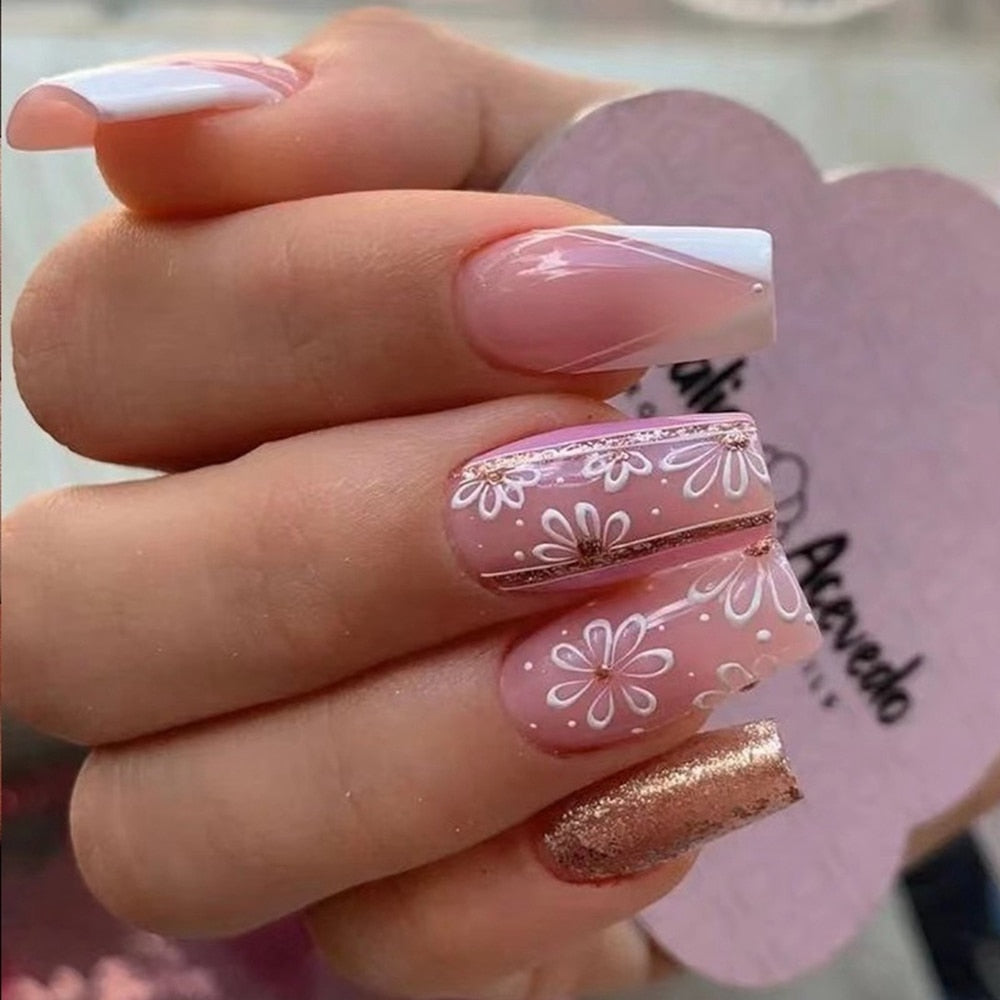 24pcs False Nail Full Cover Fake Nail Elegant Pink Gradient Glitter French Short Nails Coffin Short False Nail Press On Nails