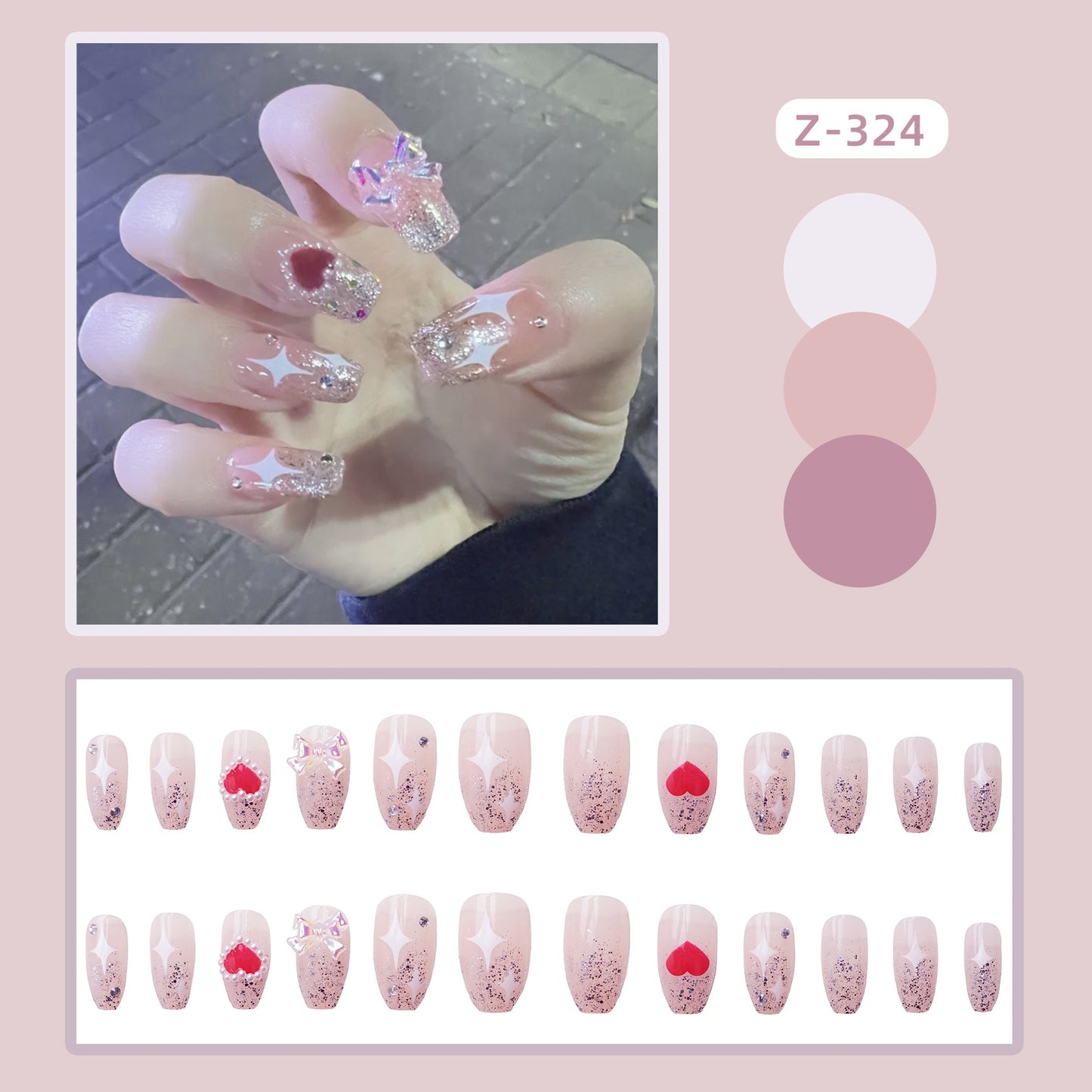 24Pcs Pink Star Heart Coffin Ballet False Nails With Manicure Glitter Design Detachable Gradient Wearing Press On Nails