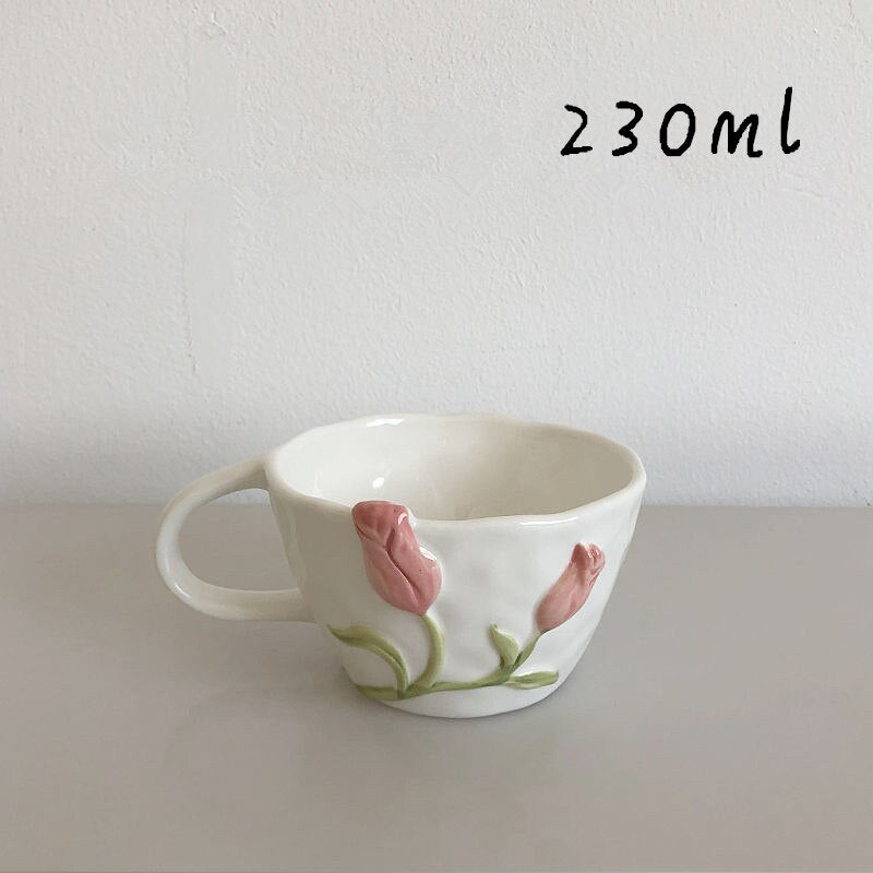 Creative Coffee Cup Ceramic Pink Tulip Flower Tea Mug Coffee Afternoon Tea Cup Cake Plate Assiettes Mariage Kitchen Accessories