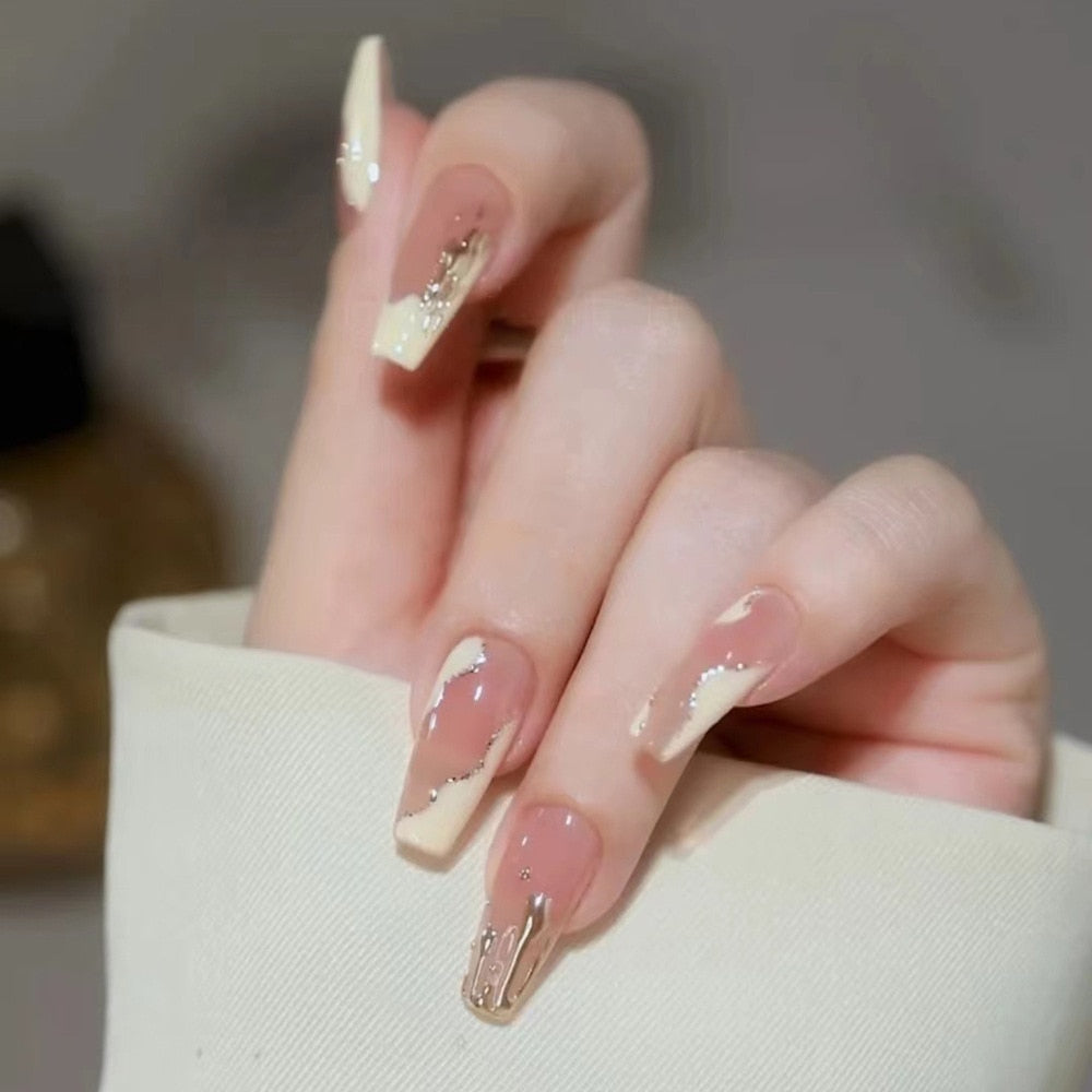 24pcs Long gradient nude false nail with glue simple artifical press on nails acrylic nails natural stick on nails set