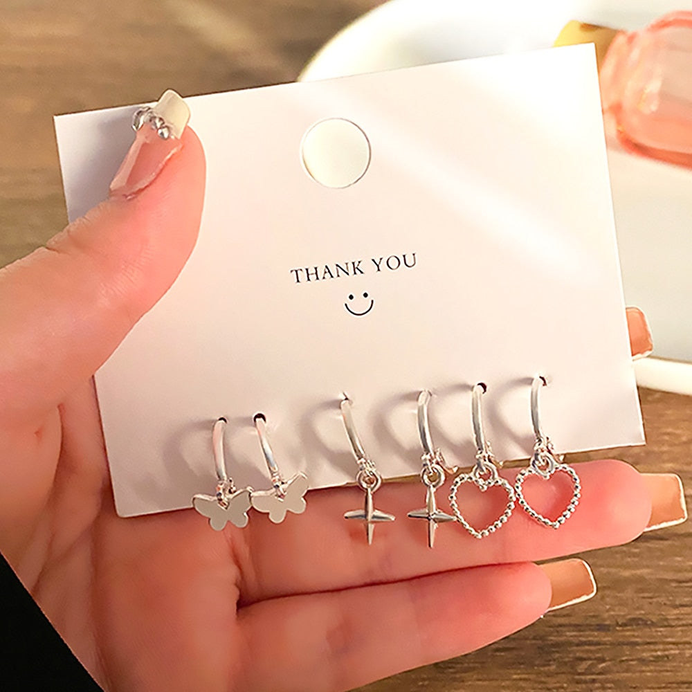 Korean Metal Love Heart Circle Drop Small Earrings for Women Trend Pendant Piercing Earrings Set