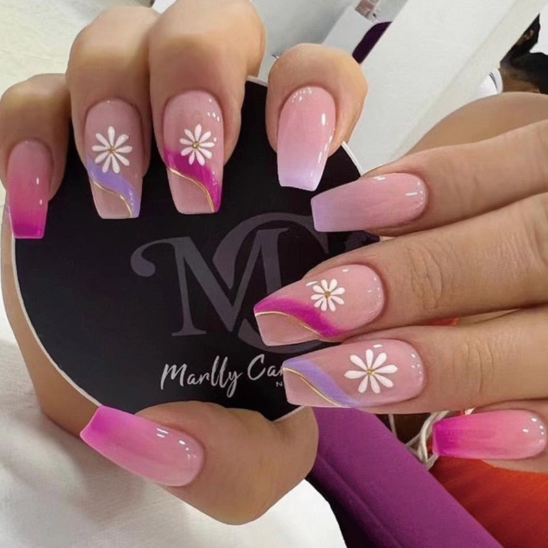 24pcs artificial nails pink french press on nails Sticker Fake Nails Tips With Glue Full Cover Detachable Finished Fingernails